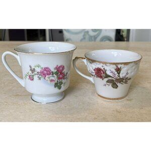 2 Vintage Gold Rimmed Tea Cups with Dark Pink Roses